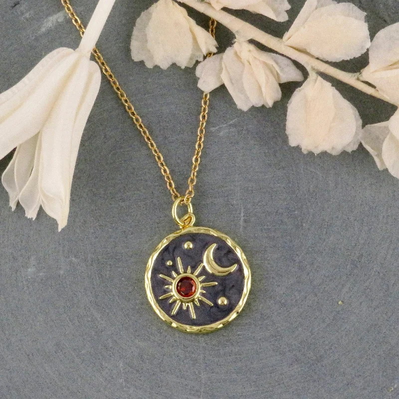 geometric necklaces for women-Gold Celestial Disc Necklace - Gray and Red