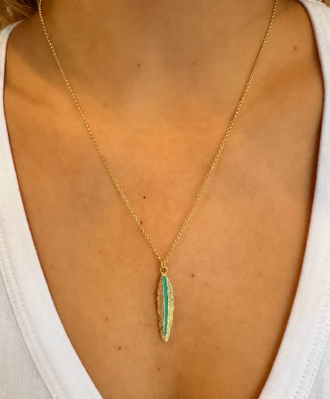 gold-plated necklaces for women-Dainty Turquoise Feather Necklace