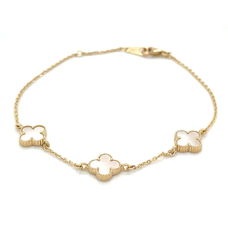 statement bracelets and bangles for women-9ct Yellow Gold Mother Of Pearl Multi Clover Bracelet