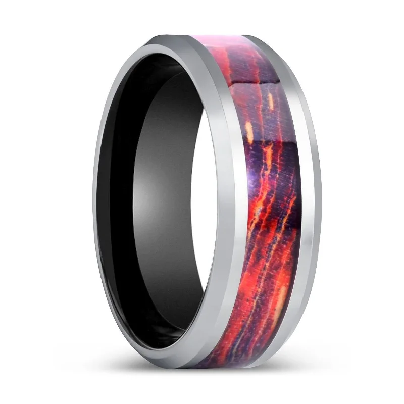 heart rings for women-SPECTRIA | Black Ring, Silver Tungsten Ring, Galaxy Wood Inlay, Beveled