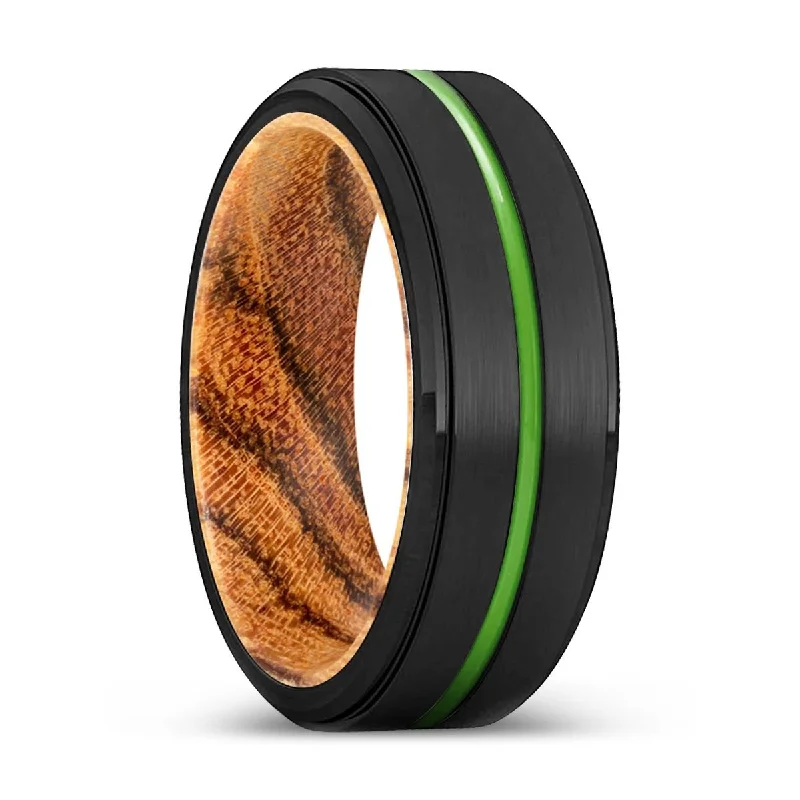 custom-made wedding rings for women-NAPERVILLE | Bocote Wood, Black Tungsten Ring, Green Groove, Stepped Edge