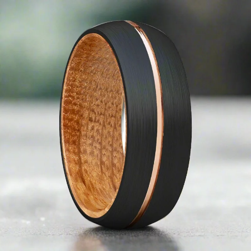 anniversary rings for women-ACALETA | Whiskey Barrel Wood, Black Tungsten Ring, Rose Gold Groove, Domed