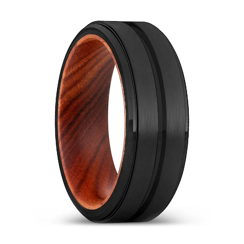 diamond rings for women-AVERY | Iron Wood, Black Tungsten Ring, Grooved, Stepped Edge