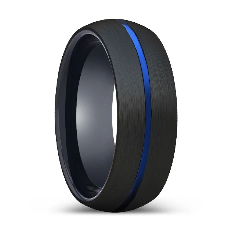 classic solitaire rings for women-FORTUNE | Black Ring, Black Tungsten Ring, Blue Groove, Domed