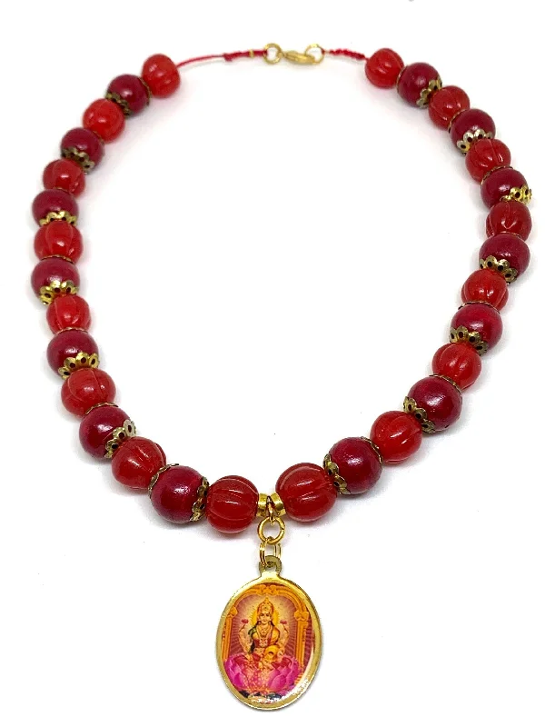 chunky necklaces for women-Ganesha Lotus Red Wood & Crystal Beaded Necklace