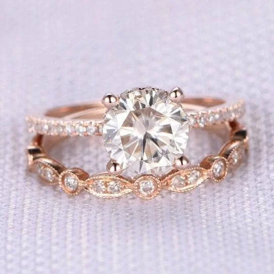 platinum diamond engagement rings-Rose Gold 2.0ct Round Cut Art Deco Bridal Set