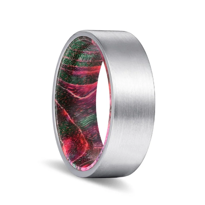 wedding bands for women-PATTERN | Green and Red Wood, Silver Tungsten Ring, Brushed, Flat