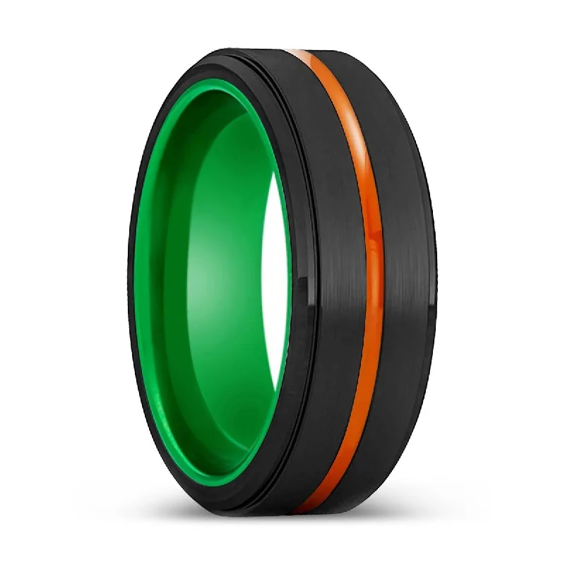 gemstone rings for women-CLARKSVILLE | Green Ring, Black Tungsten Ring, Orange Groove, Stepped Edge