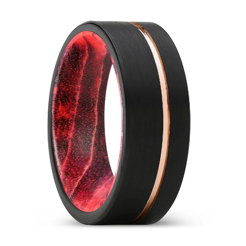 gold rings with diamonds-EMERSON | Black & Red Wood, Black Tungsten Ring, Rose Gold Offset Groove, Brushed, Flat