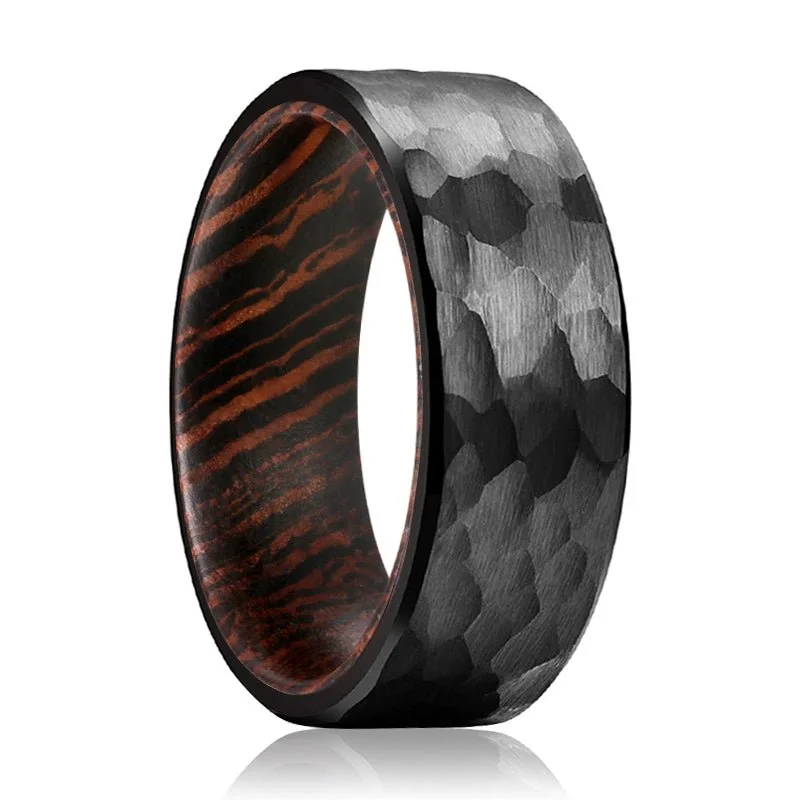 engagement rings for women-VOYAGER | Wenge Wood, Black Tungsten Ring, Hammered, Flat