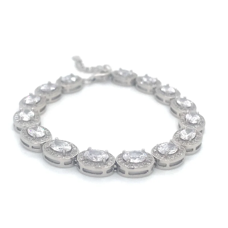 bangle sets for wedding-Sterling Silver Oval Halo CZ Bracelet