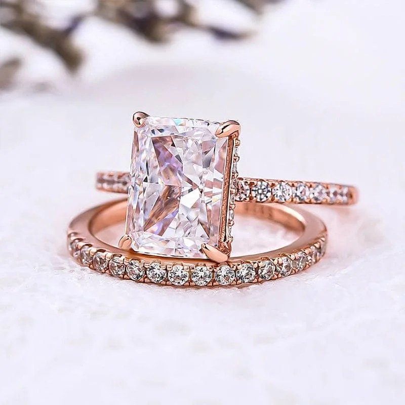 emerald cut engagement rings-Rose Gold 3.5ct Radiant Cut Wedding Ring Set