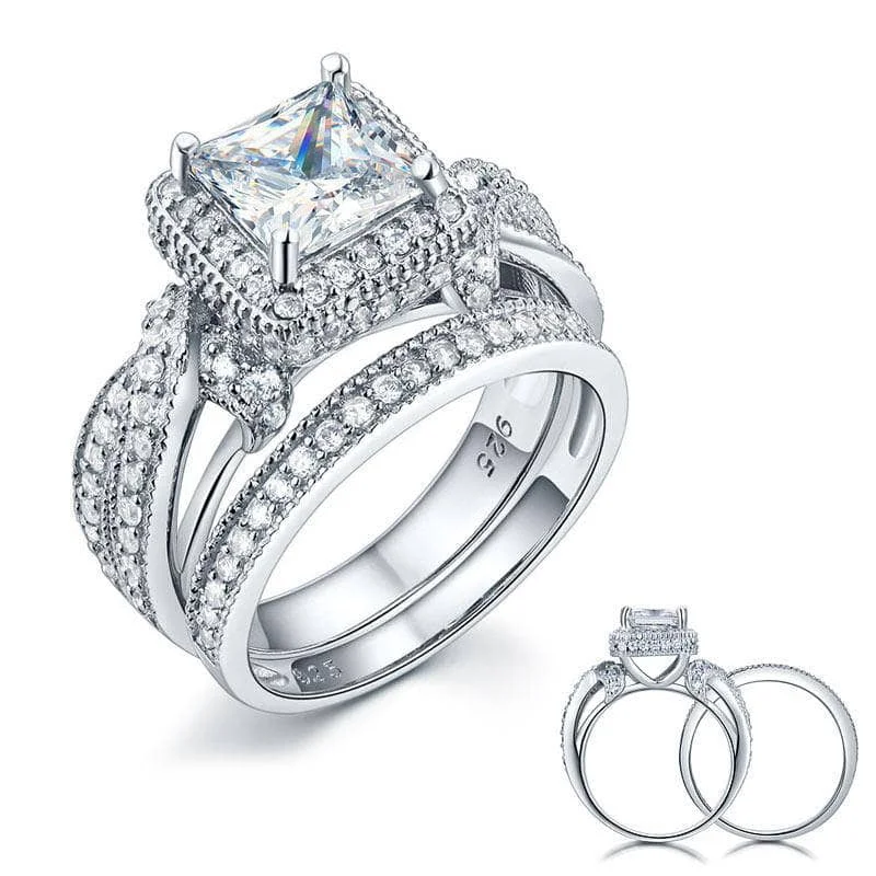 wedding sets with engagement rings-Created Diamond Vintage Style Princess Cut Engagement Ring Set