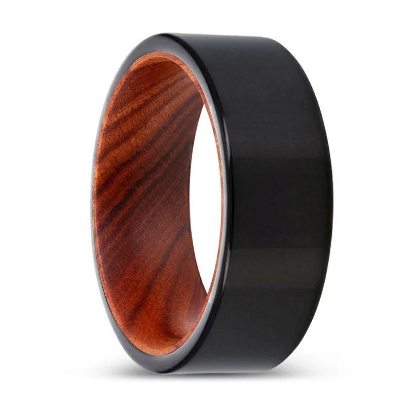 signet rings for women-HAMMERS | IRON Wood, Black Tungsten Ring, Shiny, Flat