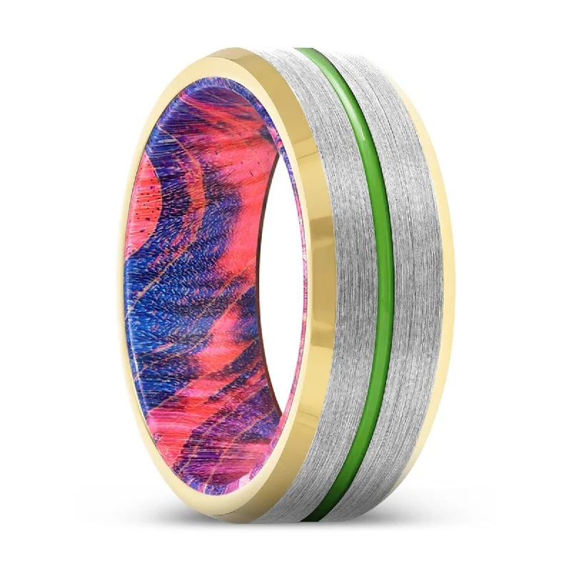 gold wedding bands for women-SAVINO | Blue & Red Wood, Silver Tungsten Ring, Green Groove, Gold Beveled Edge