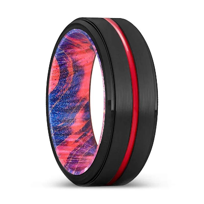 gemstone wedding rings for women-GILLY | Blue & Red Wood, Black Tungsten Ring, Red Groove, Stepped Edge