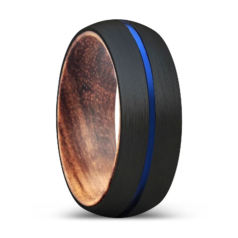 wedding rings for women-MARCELLO | Zebra Wood, Black Tungsten Ring, Blue Groove, Domed