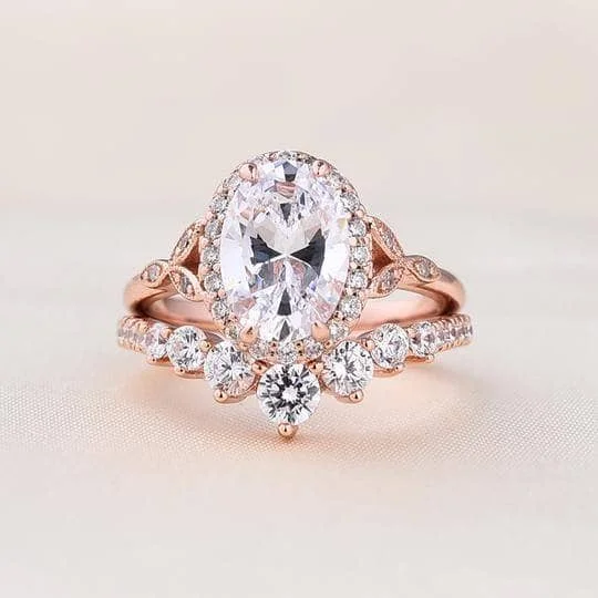 cushion engagement rings-Rose Gold 2.0ct Oval Cut Women's Wedding Set