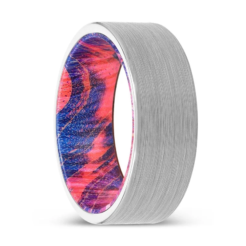 unique rings for women-BROGAN | Blue & Red Wood, White Tungsten Ring, Brushed, Flat