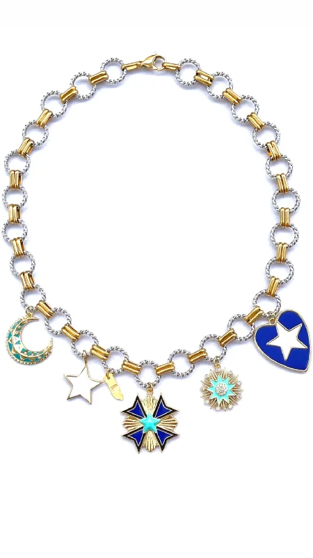 initial necklaces for women-Color Explosion Blue Heart Celestial Necklace