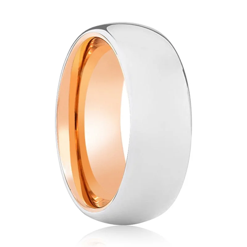 fashion rings for women-BRUNO | Rose Gold Ring, Silver Tungsten Ring, Shiny, Domed