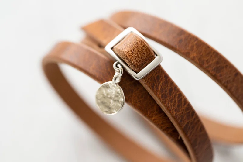 chic bangles for women-Personalized Leather Bracelet - Handmade Silver Monogram Engraved - Rustic Walnut - Perfect Gift for Women - Handmade Jewelry - Boho Style