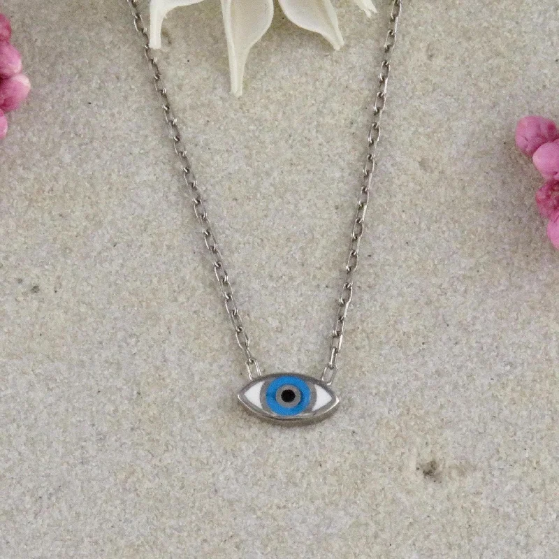 leather necklaces for women-Delicate Enamel Eye Necklace - Silver