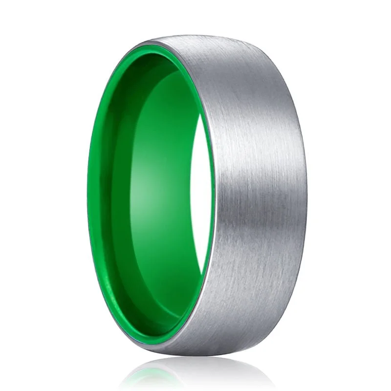 birthstone wedding rings for women-PAGANI | Green Ring, Silver Tungsten Ring, Brushed, Domed