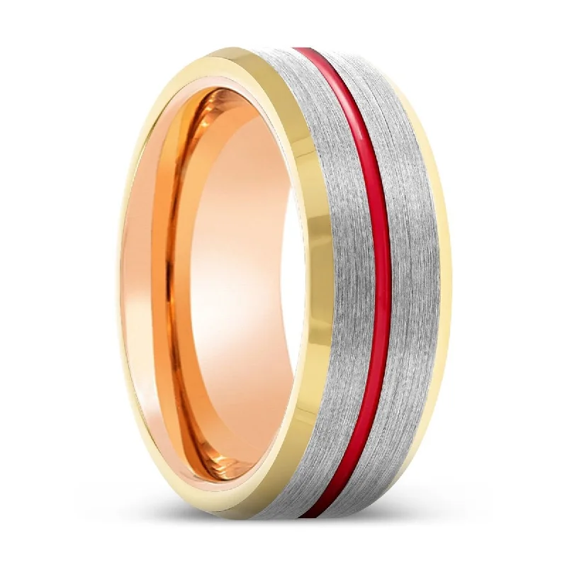 wedding rings with diamonds-SANDMAN | Rose Gold Ring, Silver Tungsten Ring, Red Groove, Gold Beveled Edge