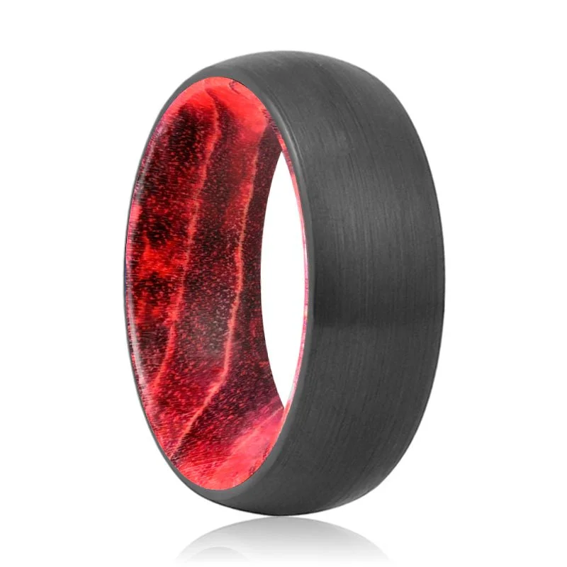 stackable silver rings for women-LUCAS | Black & Red Wood, Black Tungsten Ring, Brushed, Domed