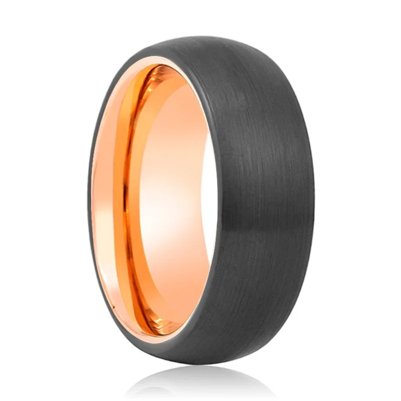 large rings for women-AUDI | Rose Gold Ring, Black Tungsten Ring, Brushed, Domed