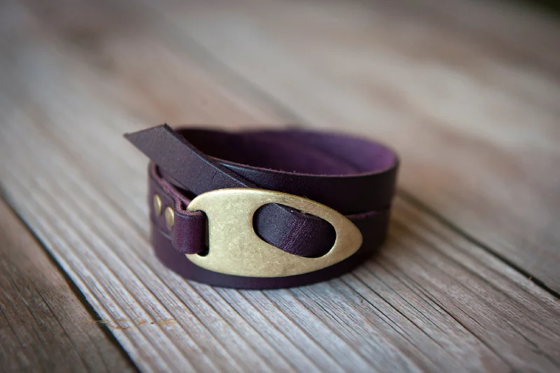 glamorous bangles for women-Eggplant Purple Leather Wrap Bracelet, Handmade | Personalized | Boho Style