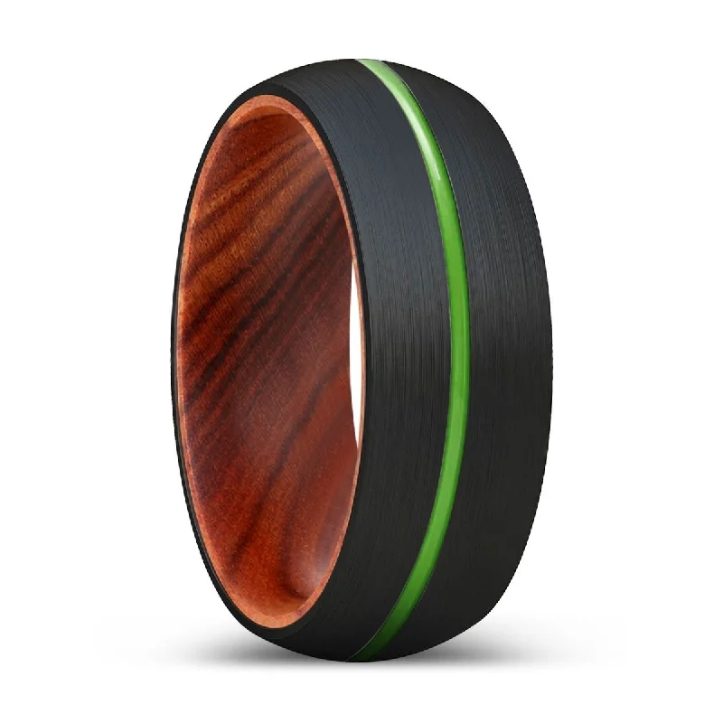 statement wedding rings for women-GOBLIN | IRON Wood, Black Tungsten Ring, Green Groove, Domed