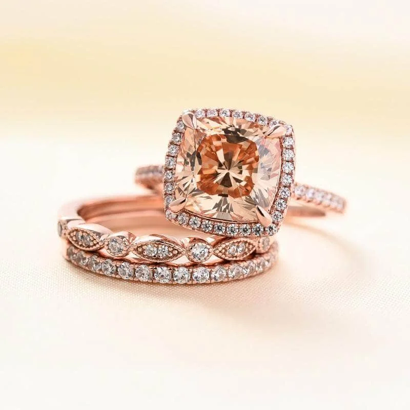 simple diamond engagement rings-Rose Gold 3pcs Cushion Cut Champagne Stone Ring Set