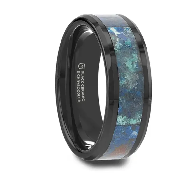 wedding bands with gemstones-Black Ceramic Ring with Chrysocolla Inlay