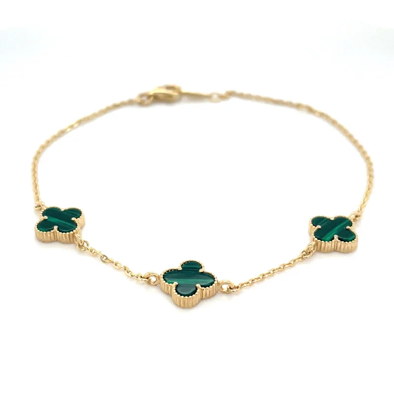 stackable bangles for women-9ct Yellow Gold Malachite Multi Clover Bracelet