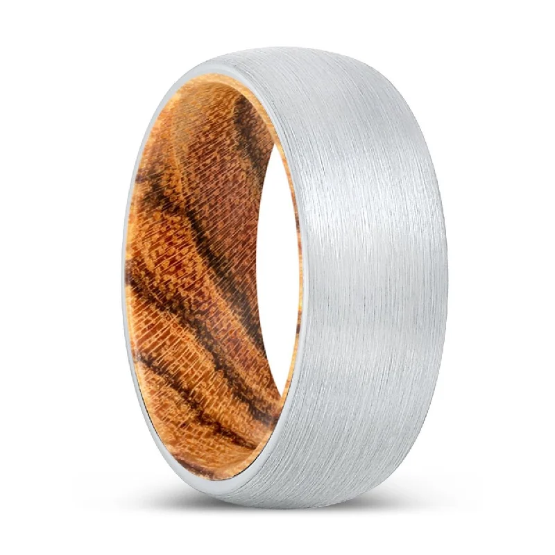 stackable rings for women-PROSPERITY | Bocote Wood, White Tungsten Ring, Brushed, Domed