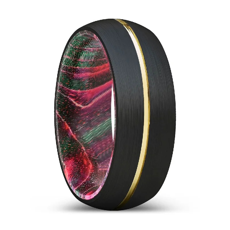 custom-made rings for women-DEFIANT | Green & Red Wood, Black Tungsten Ring, Gold Groove, Domed