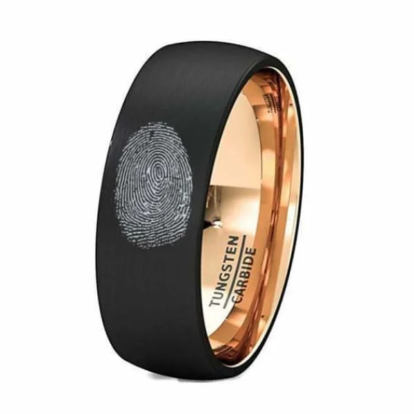 romantic rings for women-Finger Print Engraved Tungsten With  Rose Gold Inlay Brushed Wedding Ring - 8 mm