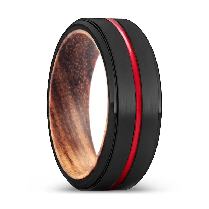 vintage diamond rings for women-BAMBAM | Zebra Wood, Black Tungsten Ring, Red Groove, Stepped Edge