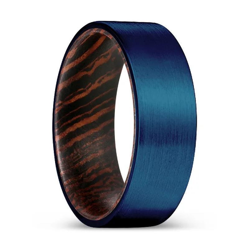 heart rings for women-FREEBIRD | Wenge Wood, Blue Tungsten Ring, Brushed, Flat