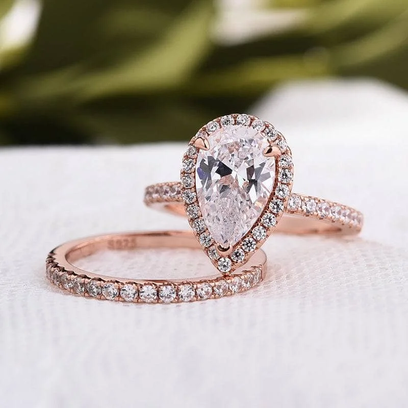 black gold engagement rings-Rose Gold White Sapphire Pear Cut Wedding Ring Set