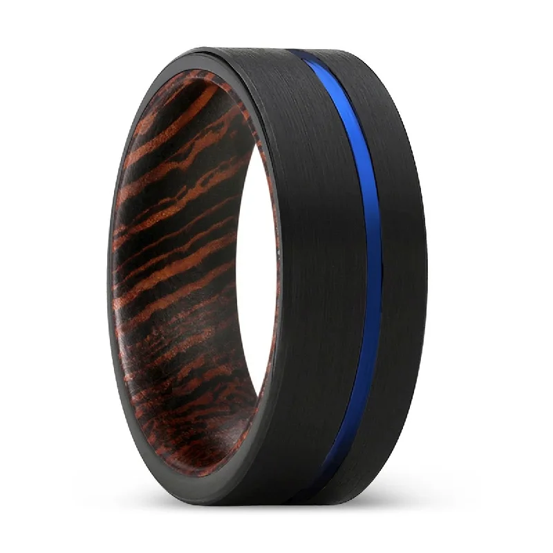 contemporary rings for women-ALCEO | Wenge Wood, Black Tungsten Ring, Blue Offset Groove, Flat