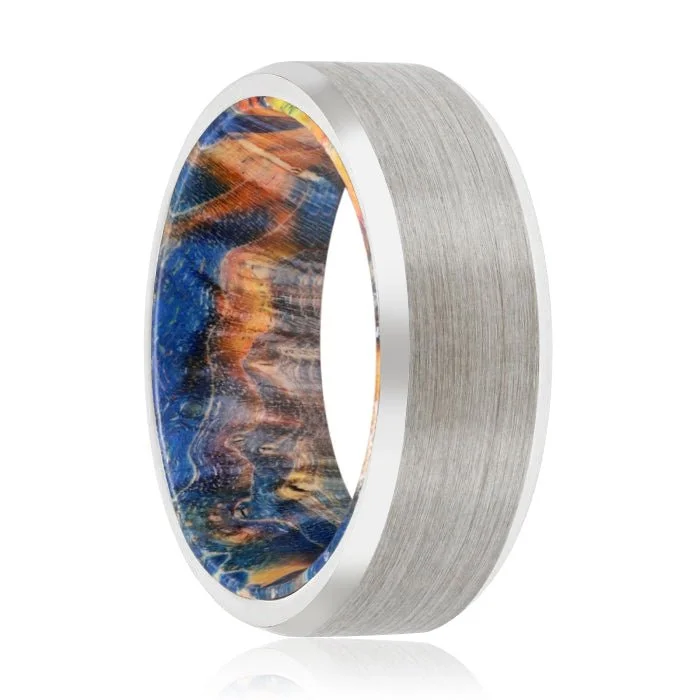 heart rings for women-CARLOS | Blue & Yellow/Orange Wood, Silver Tungsten Ring, Brushed, Beveled