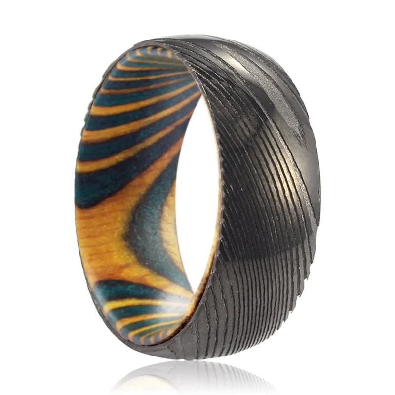 silver rings for women-ROCKLER | Green & Yellow Wood, Gunmetal Damascus Steel Ring, Domed