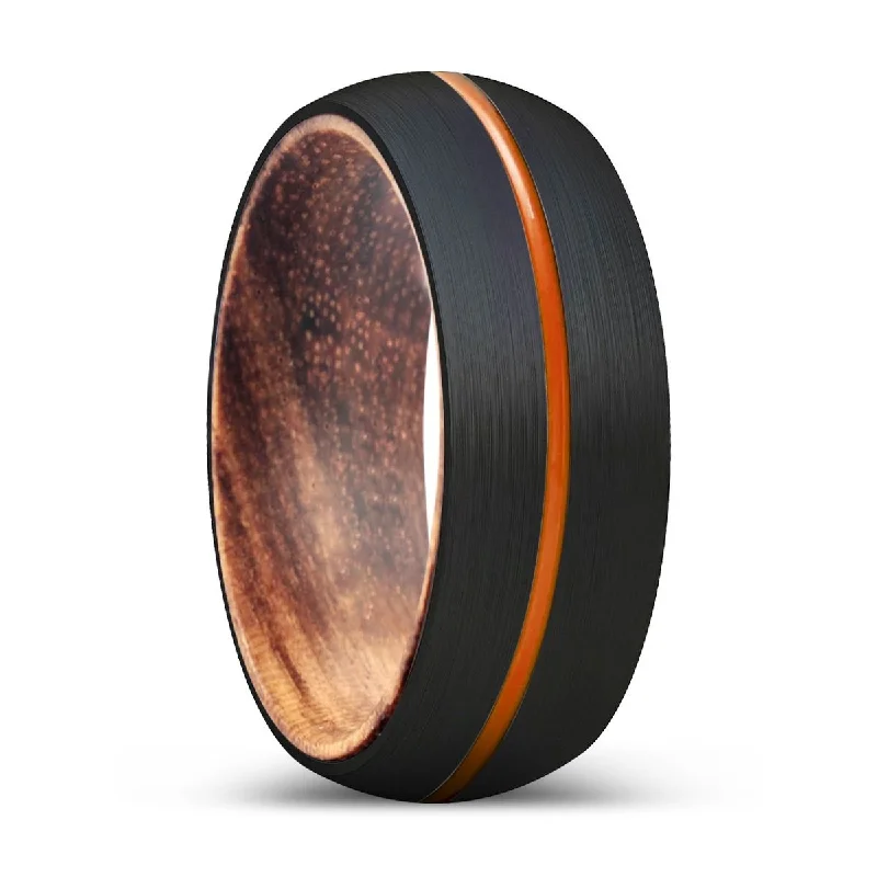 custom-made rings for women-ZONAL | Zebra Wood, Black Tungsten Ring, Orange Groove, Domed