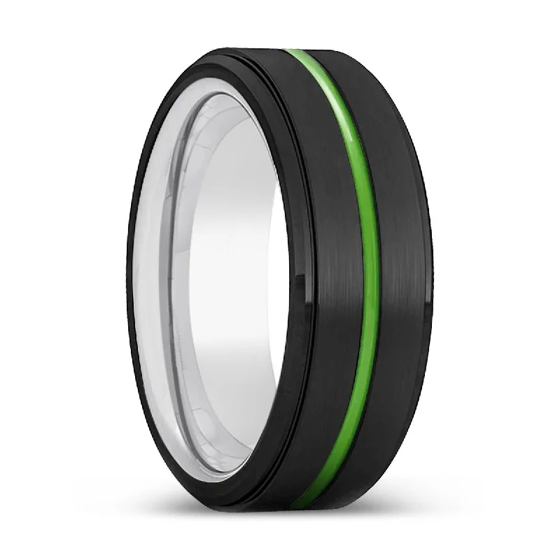 vintage rings for women-CARROLLTON | Silver Ring, Black Tungsten Ring, Green Groove, Stepped Edge