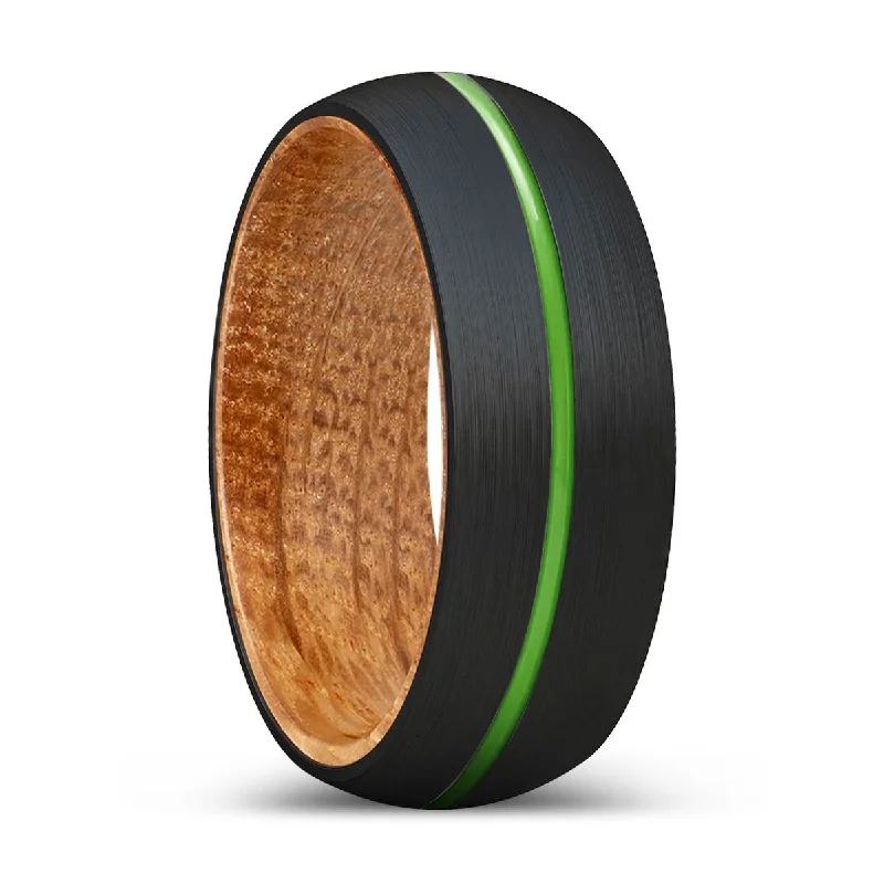 ruby rings for women-SPARTAN | Whiskey Barrel Wood, Black Tungsten Ring, Green Groove, Domed