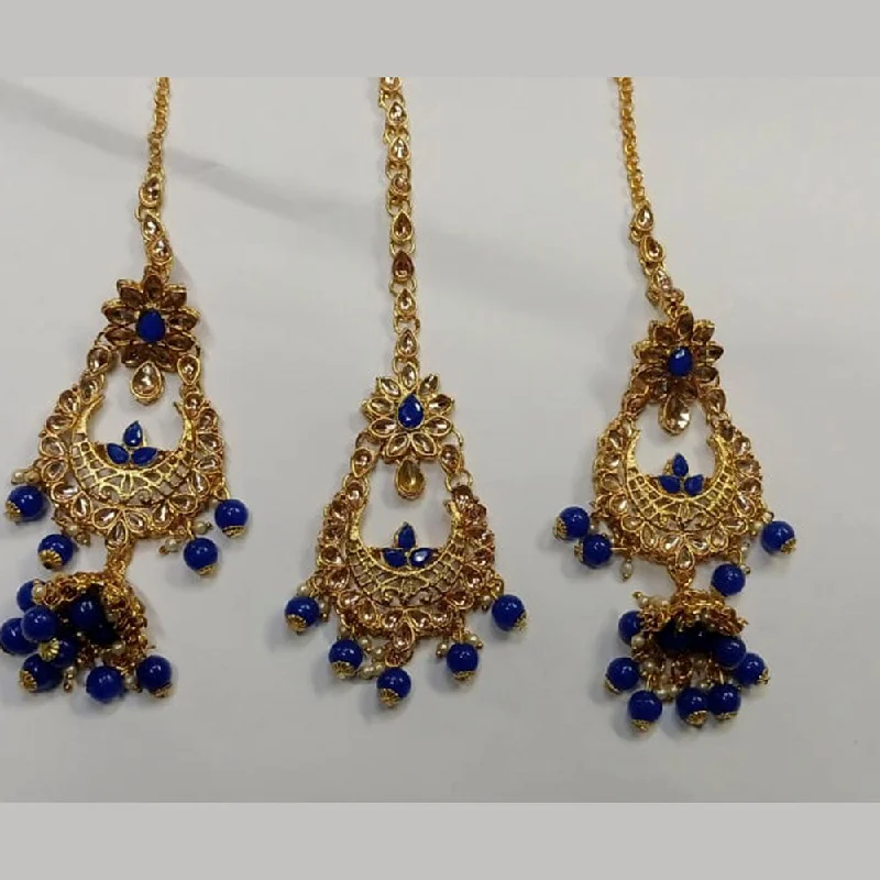 flower earrings for women-Kumavat Jewels Kundan Stone & Beads Dangler Earrings With Maang Tikka