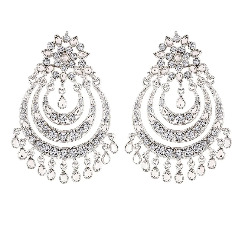 chandelier earrings for women-Etnico Traditional Silver Plated Kundan Earrings for Women (E2633SS)